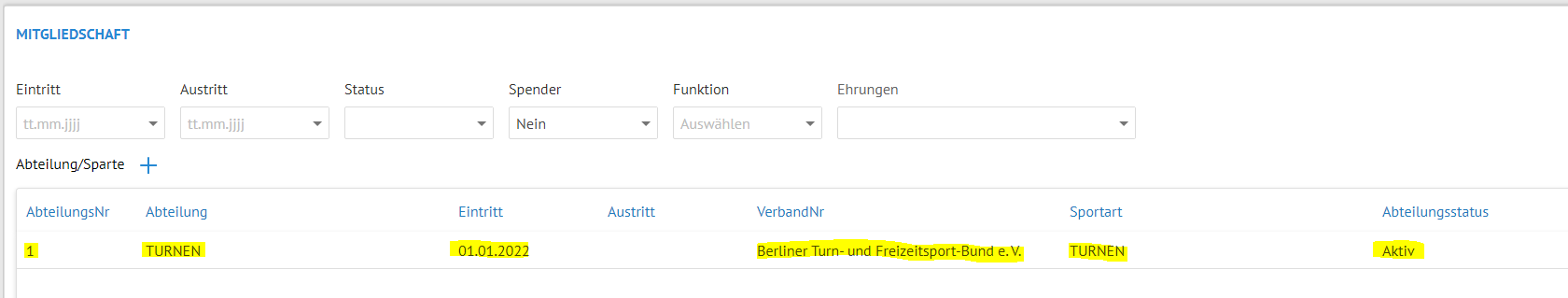 Abteilungen zuordnen in der Linear vereinsverwaltung online - Detail