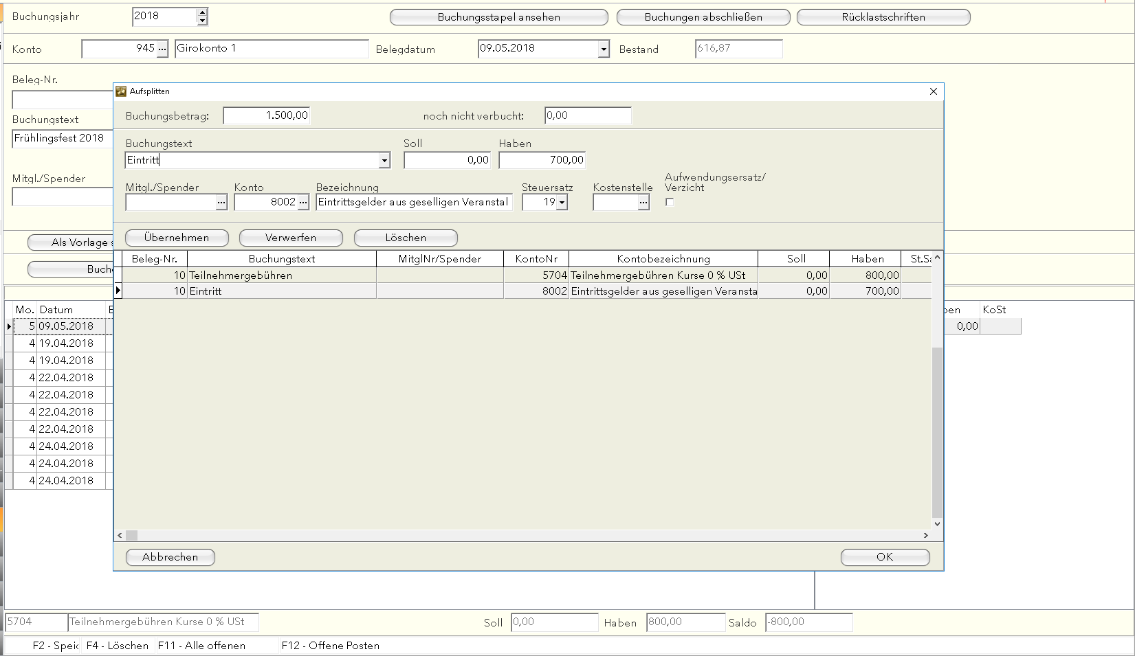 Linear Software Vereinsverwaltung 2018 - Splittbuchungen