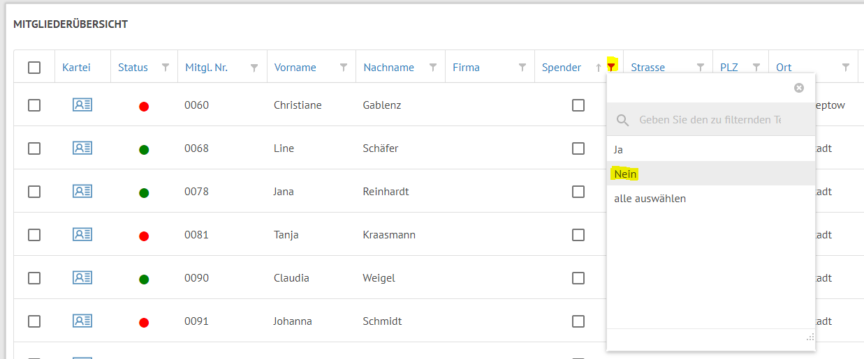 Mitgliederstatistik Selektion der Datensätze