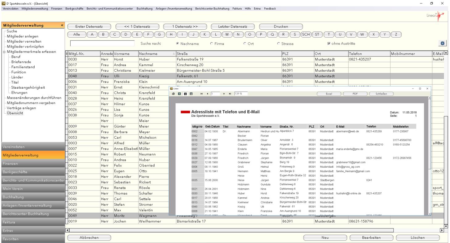 Linear Software Vereinsverwaltung 2018 - Mitgliederverwaltung