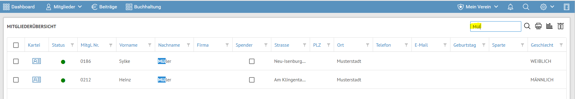 Vereinsverwaltung online Mitglieder Sofortsuche