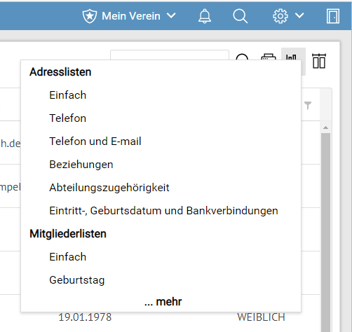 Mitgliederstatistik Listenauswahl