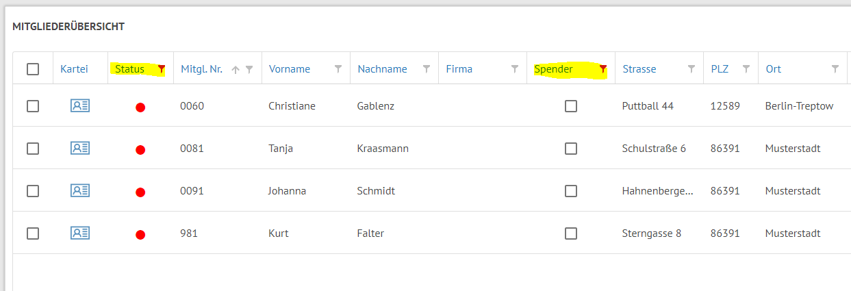 Mitgliederstatistik Filter setzen